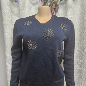 Elegant Navy Sweater with Gold Leaf Accents